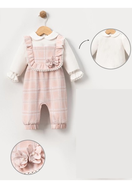 Ekose Salopet Çiçek Aksesuarlı Badili Bebe Kız Tulum