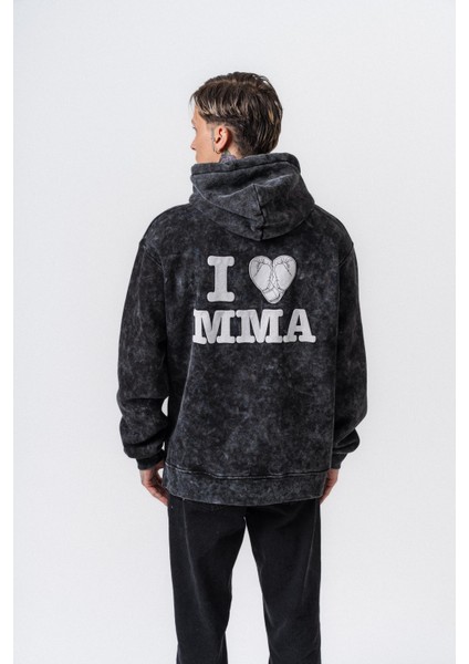 Erkek Mma Baskılı Kapüşonlu Oversize Hoodie Siyah