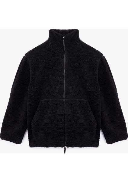 Uzun Kollu Cepli Fermuarlı Dik Yaka Oversize Peluş Mont