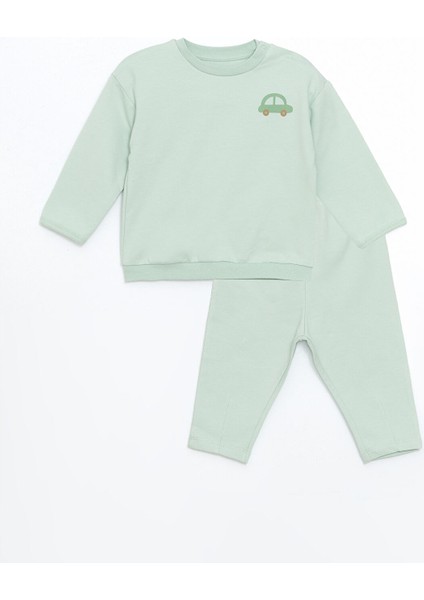 Yeni Sezon Bisiklet Yaka Baskılı Erkek Bebek Sweatshirt ve Eşofman Alt 2'li