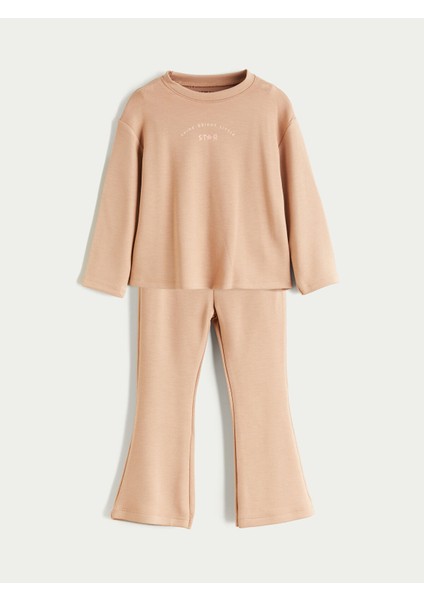 Yeni Sezon Bisiklet Yaka Baskılı Kız Bebek Sweatshirt ve Tayt 2'li