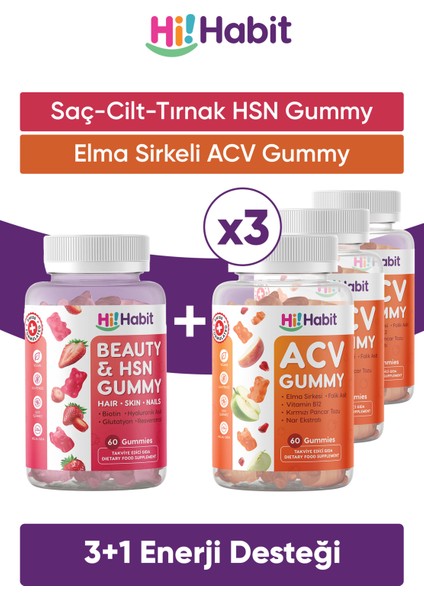 Acv Elma Sirkeli Gummy 3 Adet - Hsn 1 Adet Saç, Cilt ve Tırnak Gummy 1 Adet Vegan Takviye Edici Gıda