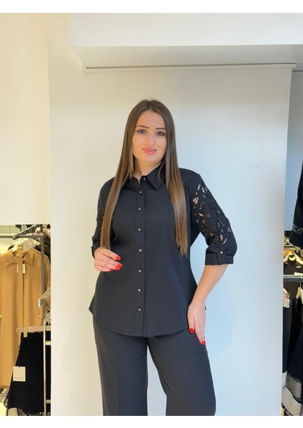 Büyük Beden Brodere V Yaka Aksesuarlı Bluz