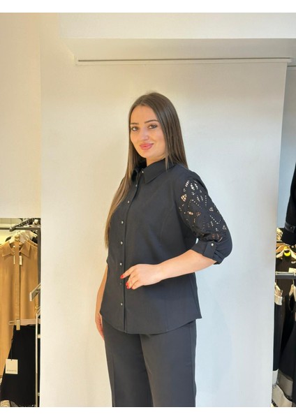 Büyük Beden Brodere V Yaka Aksesuarlı Bluz fiyatları