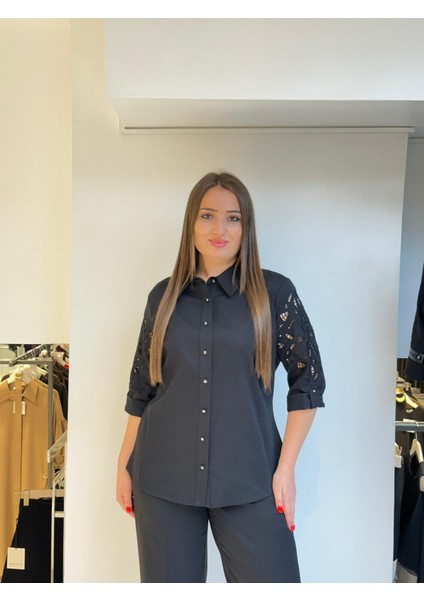 Büyük Beden Brodere V Yaka Aksesuarlı Bluz modelleri