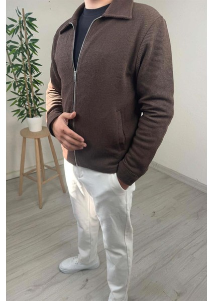 - Premium Kalite Erkek Kahve Fermuarlı Polo Yaka Çift Cepli Ceket