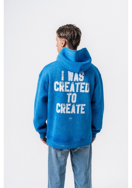 Erkek Create Baskılı Kapüşonlu Oversize Hoodie Mavi