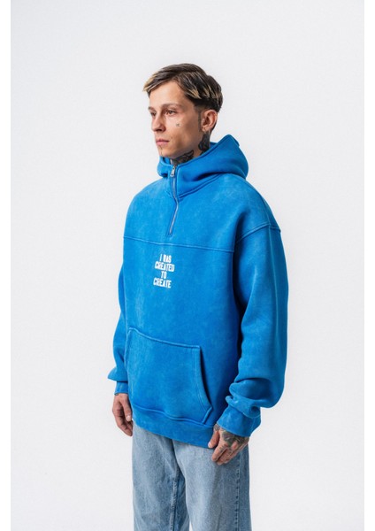 Erkek Create Baskılı Kapüşonlu Oversize Hoodie Mavi modelleri