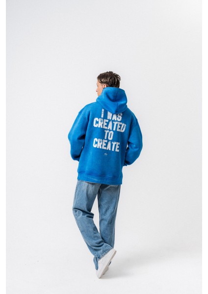 Erkek Create Baskılı Kapüşonlu Oversize Hoodie Mavi fırsatları