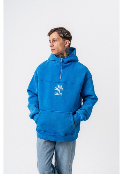 Erkek Create Baskılı Kapüşonlu Oversize Hoodie Mavi indirimleri