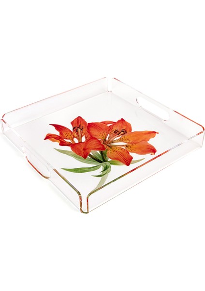 Turuncu Çiçek Desenli Pleksi Tepsi