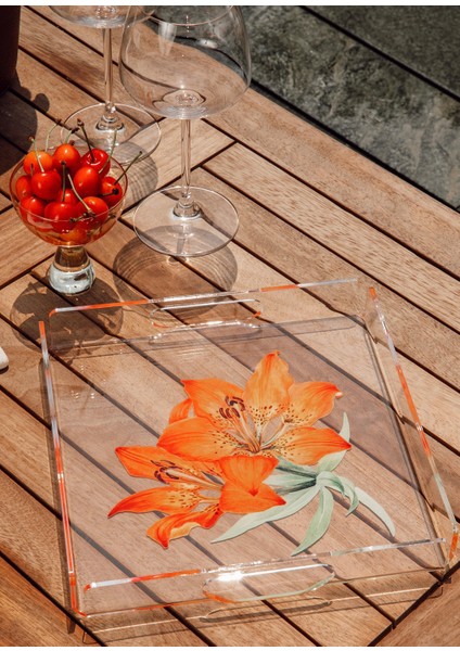 Turuncu Çiçek Desenli Pleksi Tepsi fiyatları