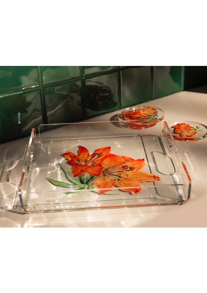 Turuncu Çiçek Desenli Pleksi Tepsi fırsatları