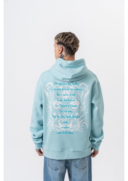 Erkek Garden Baskılı Kapüşonlu Oversize Hoodie Bebe Mavi