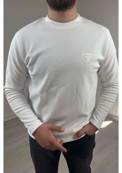 Erkek Beyaz Bisiklet Yaka Slim Kazak