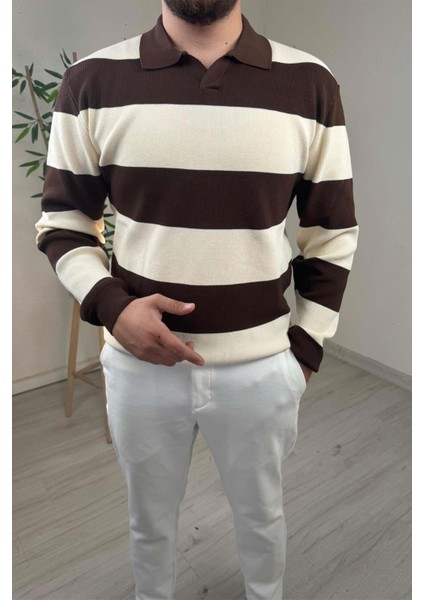 Erkek Ekru - Kahve Şerit Desenli Polo Yaka Oversize Triko Kazak