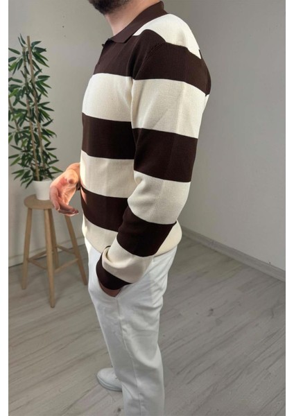 Erkek Ekru - Kahve Şerit Desenli Polo Yaka Oversize Triko Kazak fiyatları