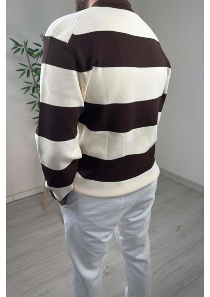 Erkek Ekru - Kahve Şerit Desenli Polo Yaka Oversize Triko Kazak modelleri