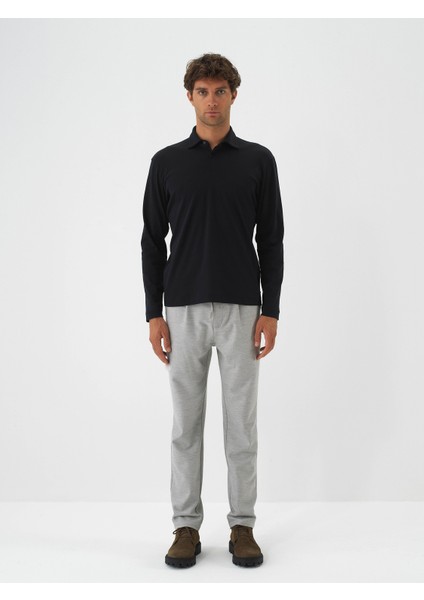 Erkek Siyah Lüks Merserize Dokulu Regular Fit Uzun Kollu Tişört
