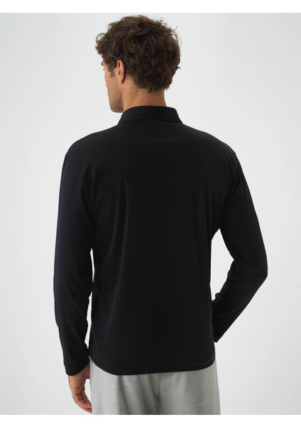 Erkek Siyah Lüks Merserize Dokulu Regular Fit Uzun Kollu Tişört fırsatları