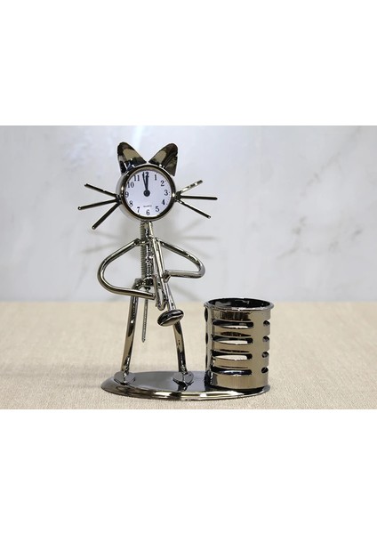 Metal Saksafon Çalan Kedi Müzisyen Saat ve Kalemlik ALK4346