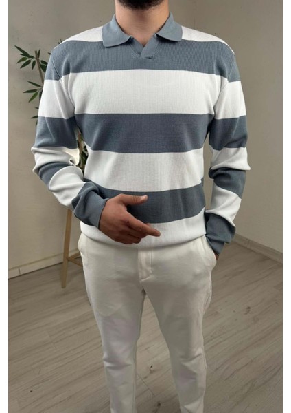 Erkek Mavi - Ekru Şerit Desenli Polo Yaka Oversize Triko Kazak