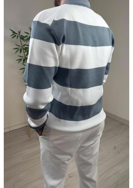 Erkek Mavi - Ekru Şerit Desenli Polo Yaka Oversize Triko Kazak fiyatları