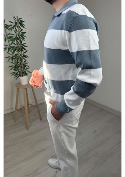 Erkek Mavi - Ekru Şerit Desenli Polo Yaka Oversize Triko Kazak modelleri
