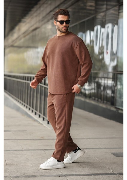 Kahverengi Bisiklet Yaka Erkek Kadife Takım E7337