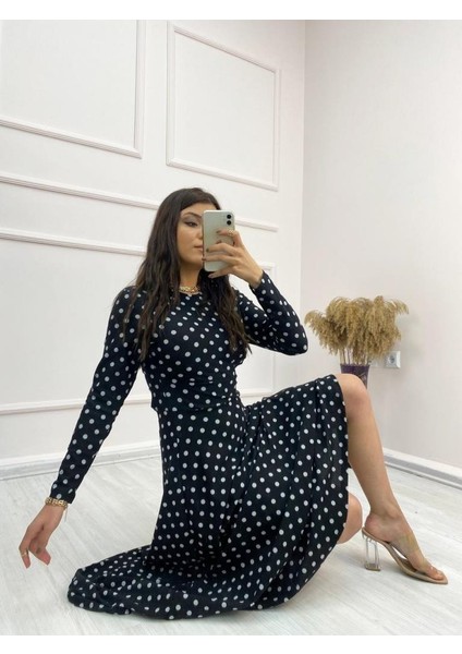Kadın Siyah Tam Boy Beyaz Puantiyeli Elbise modelleri