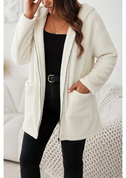 Kadın Uzun Kollu Kapşonlu Önden Fermuarlı Cepli Welsoft Ceket