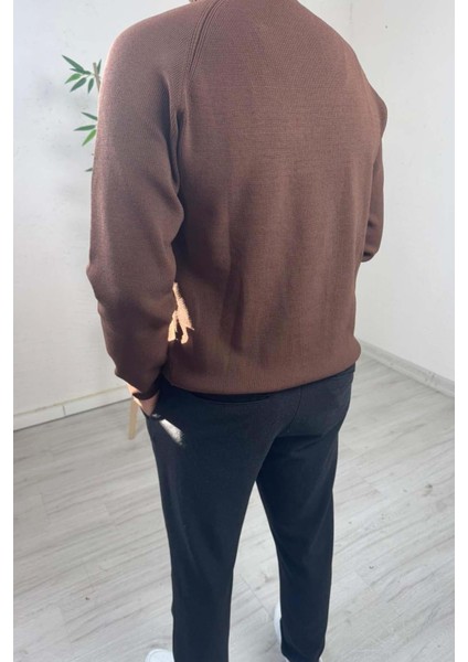 Erkek Kahve Bisiklet Yaka Slim Kazak modelleri