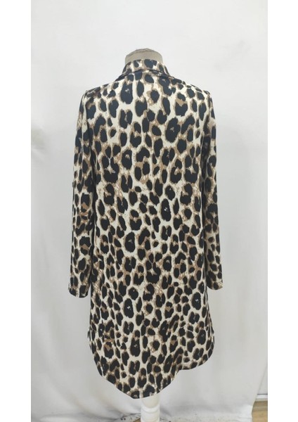 Kadın Uzun Kollu Yakalı Önden Düğmeli Leopar Desenli Modal Midi Elbise