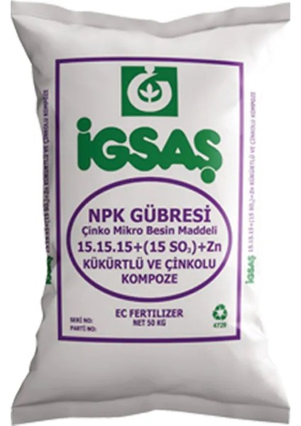 Igsaş 15.15.15+(15 So3)+Zn Kukurtlu ve Çinkolu Süper Kompoze Taban Gübre 50KG