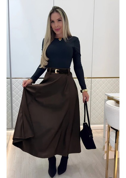 Kadın Yüksek Belli Maxi Deri Kemersiz Etek fırsatları