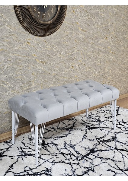 Beyaz Boyalı Tel Ayaklı 90 cm Puf Bench - Puf - Bench - Kasalı Oturak - Oturak - Yatak Ucu Puf Gri Renk 90 x 41 Boyut/ebat