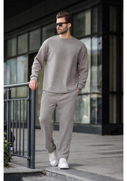 Boyalı Gri Bisiklet Yaka Erkek Kadife Takım E7337