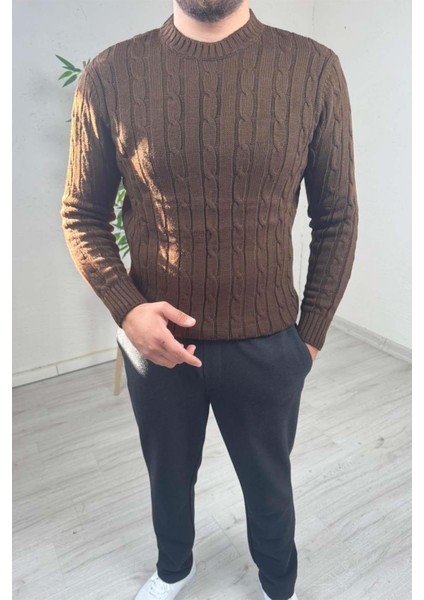 Erkek Kahve Örgülü Slim Fit Bisiklet Yaka Triko Kazak