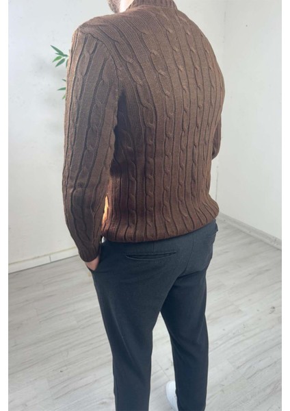 Erkek Kahve Örgülü Slim Fit Bisiklet Yaka Triko Kazak fiyatları