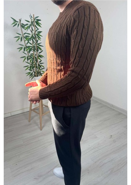 Erkek Kahve Örgülü Slim Fit Bisiklet Yaka Triko Kazak modelleri