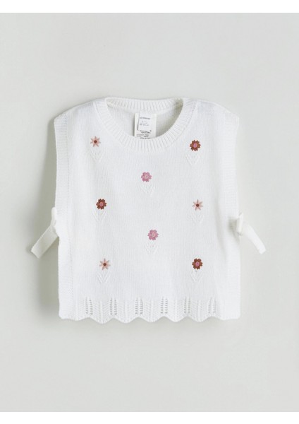 Lcw Kids Ekru Bisiklet Yaka Çiçekli Kız Çocuk Triko Süveter