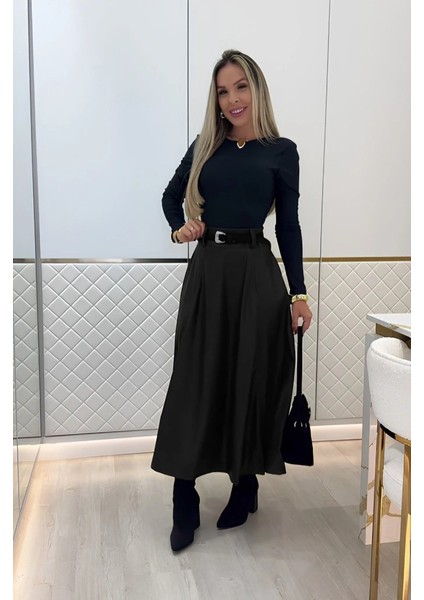 Kadın Yüksek Belli Maxi Deri Kemersiz Etek modelleri