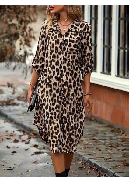 Kadın Uzun Kollu Yakalı Önden Düğmeli Leopar Desenli Modal Midi Elbise fiyatları