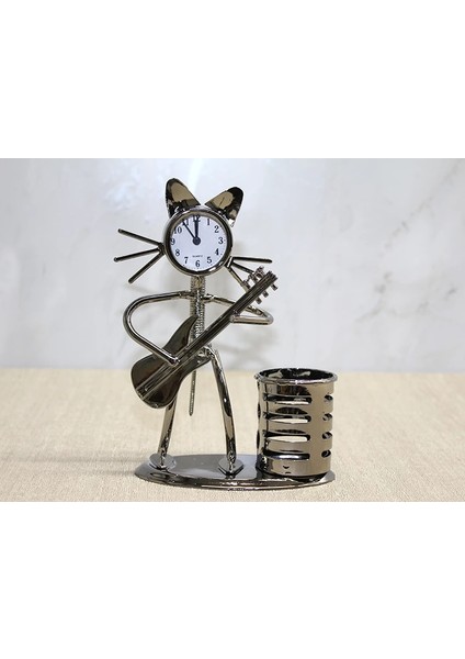 Metal Gitar Çalan Kedi Müzisyen Saat ve Kalemlik ALK4345