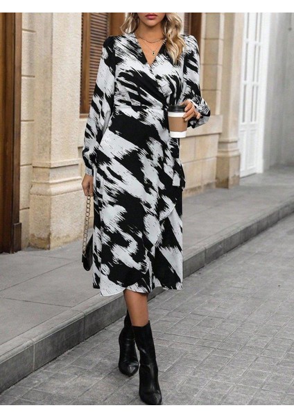 Kadın Uzun Kollu Kruvaze Yakalı Yandan Bağlamalı Desenli Mini Modal Elbise indirimleri