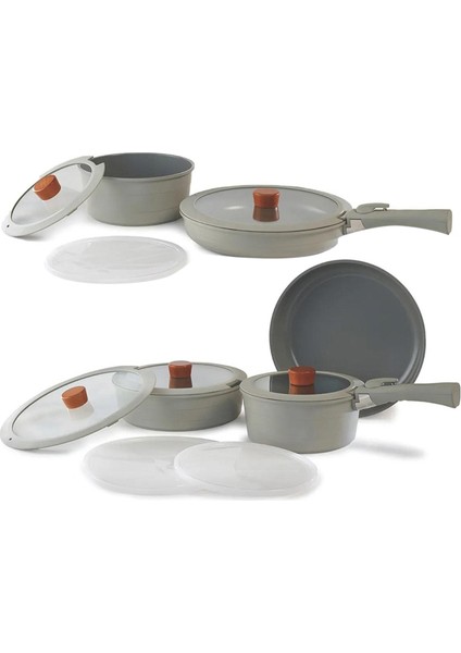 Midas Gri 15 Parça Ayrılabilen Saplı Iç Içe Geçebilen Indüksiyonlu Tencere ve Tava Seti
