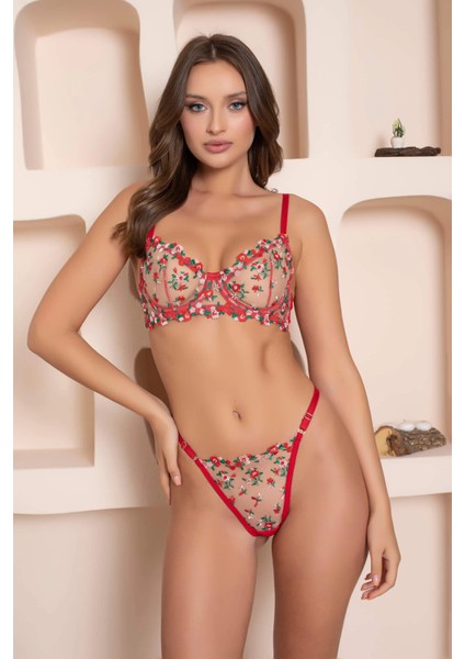 Balenli Çiçek Desenli Kırmızı Brode Sütyen Takımı fiyatları