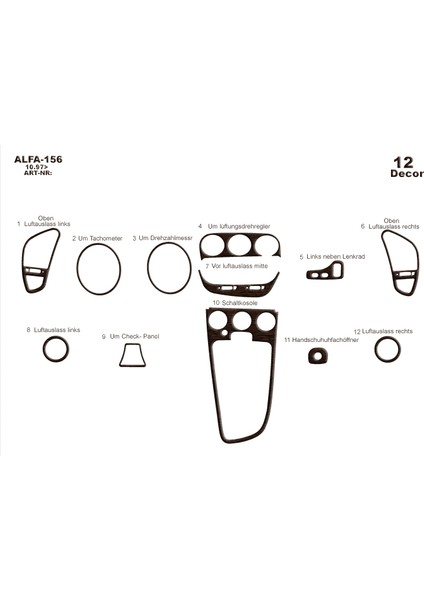 Alfa 156 Konsol-Torpido Kaplama 1997 12 Parça Koyu Meşe