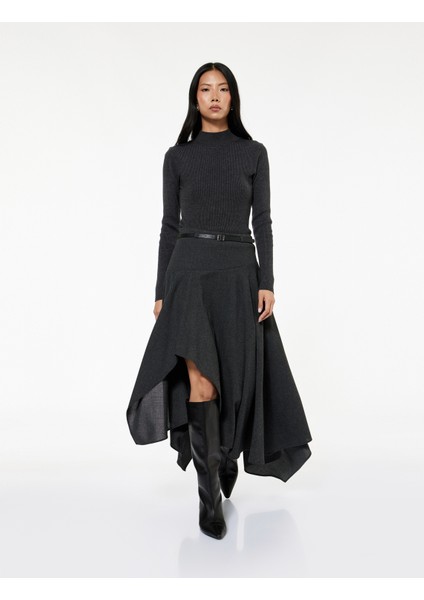 Asimetrik Uçlu Kemer Detaylı Volanlı Yün Karışımlı Kloş Midi Etek