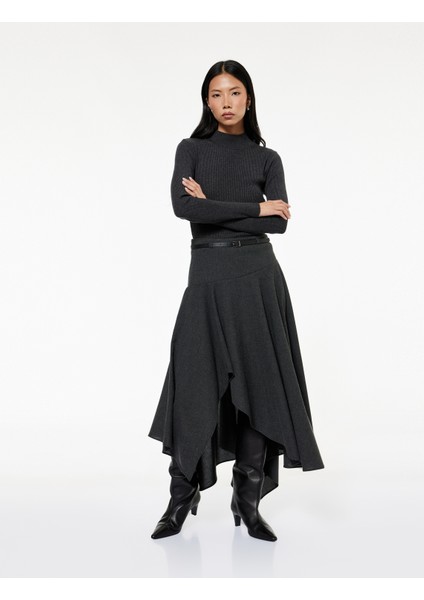 Asimetrik Uçlu Kemer Detaylı Volanlı Yün Karışımlı Kloş Midi Etek fiyatları